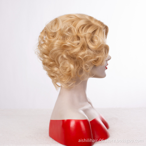 Wholesale Short Synthetic Golden Blong Afro Curly Hair Wigs With Cute Nature Wave For Women